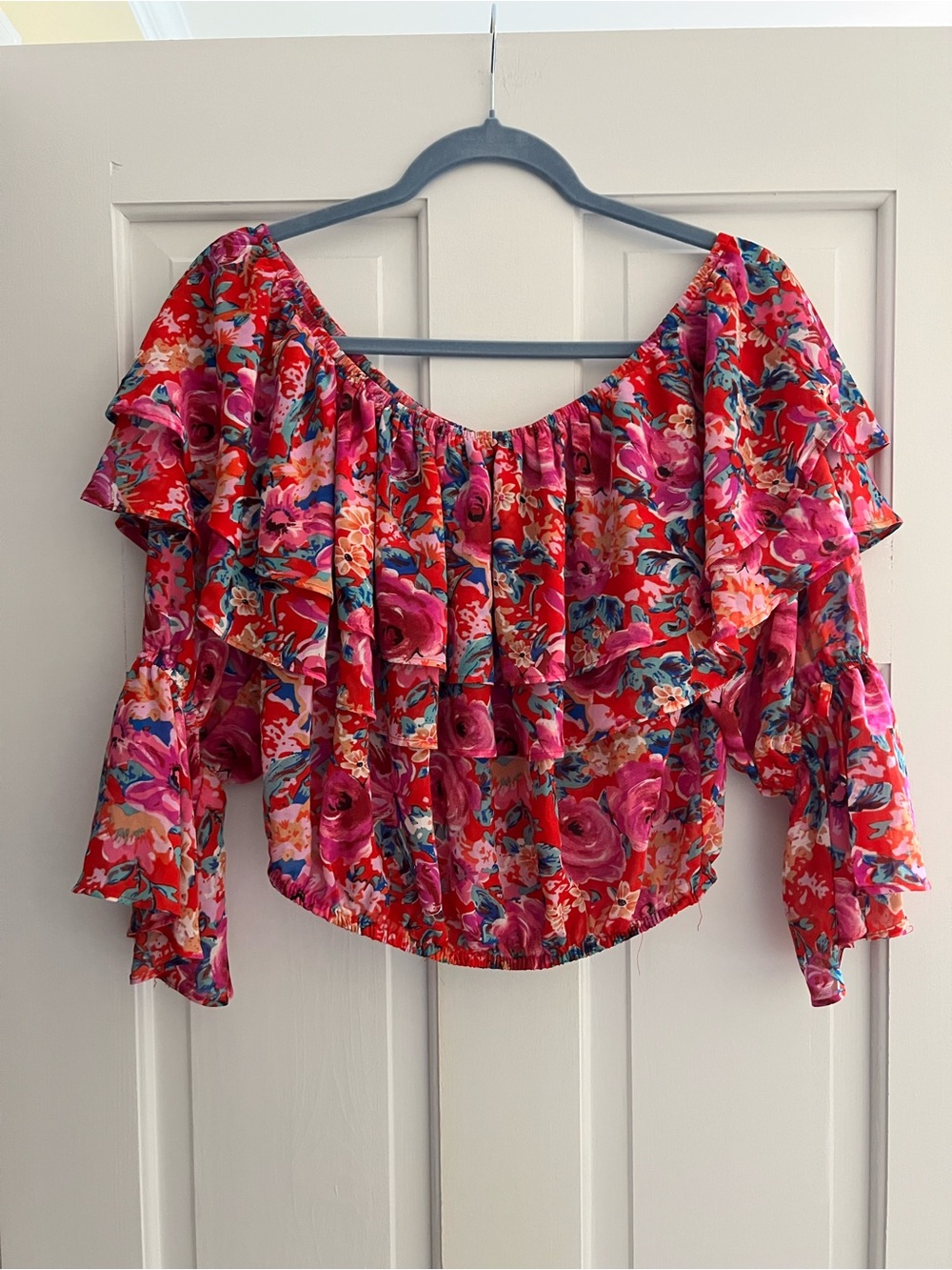 Forever 21 Red Pink Floral Off-Shoulder Ruffle Top